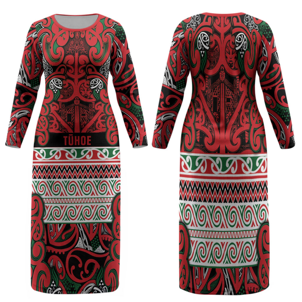 Aotearoa Iwi Tuhoe Family Matching Long Sleeve Bodycon Dress and Hawaiian Shirt Maori Wharenui House Tribal Pattern