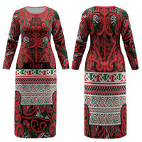 Aotearoa Iwi Tuhoe Family Matching Long Sleeve Bodycon Dress and Hawaiian Shirt Maori Wharenui House Tribal Pattern