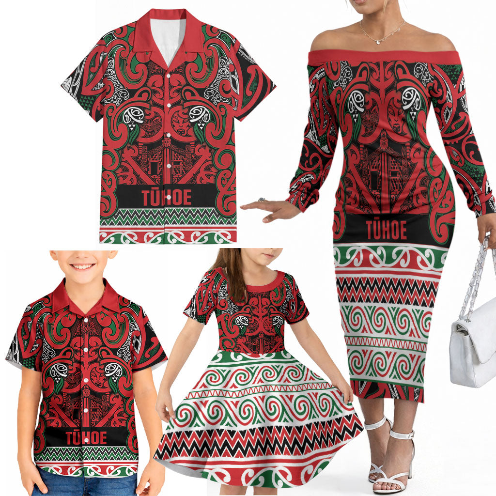 Aotearoa Iwi Tuhoe Family Matching Off The Shoulder Long Sleeve Dress and Hawaiian Shirt Maori Wharenui House Tribal Pattern LT9 - Polynesian Pride