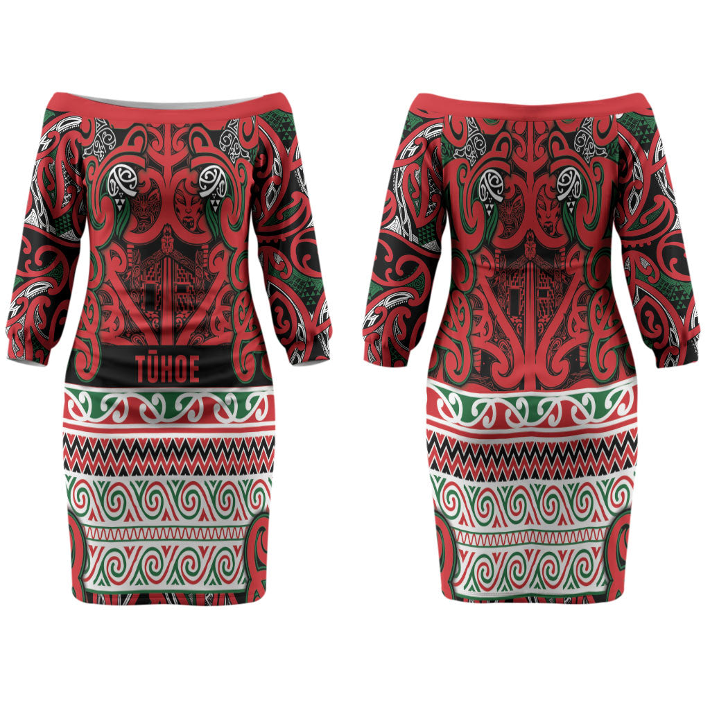 Aotearoa Iwi Tuhoe Family Matching Off The Shoulder Long Sleeve Dress and Hawaiian Shirt Maori Wharenui House Tribal Pattern