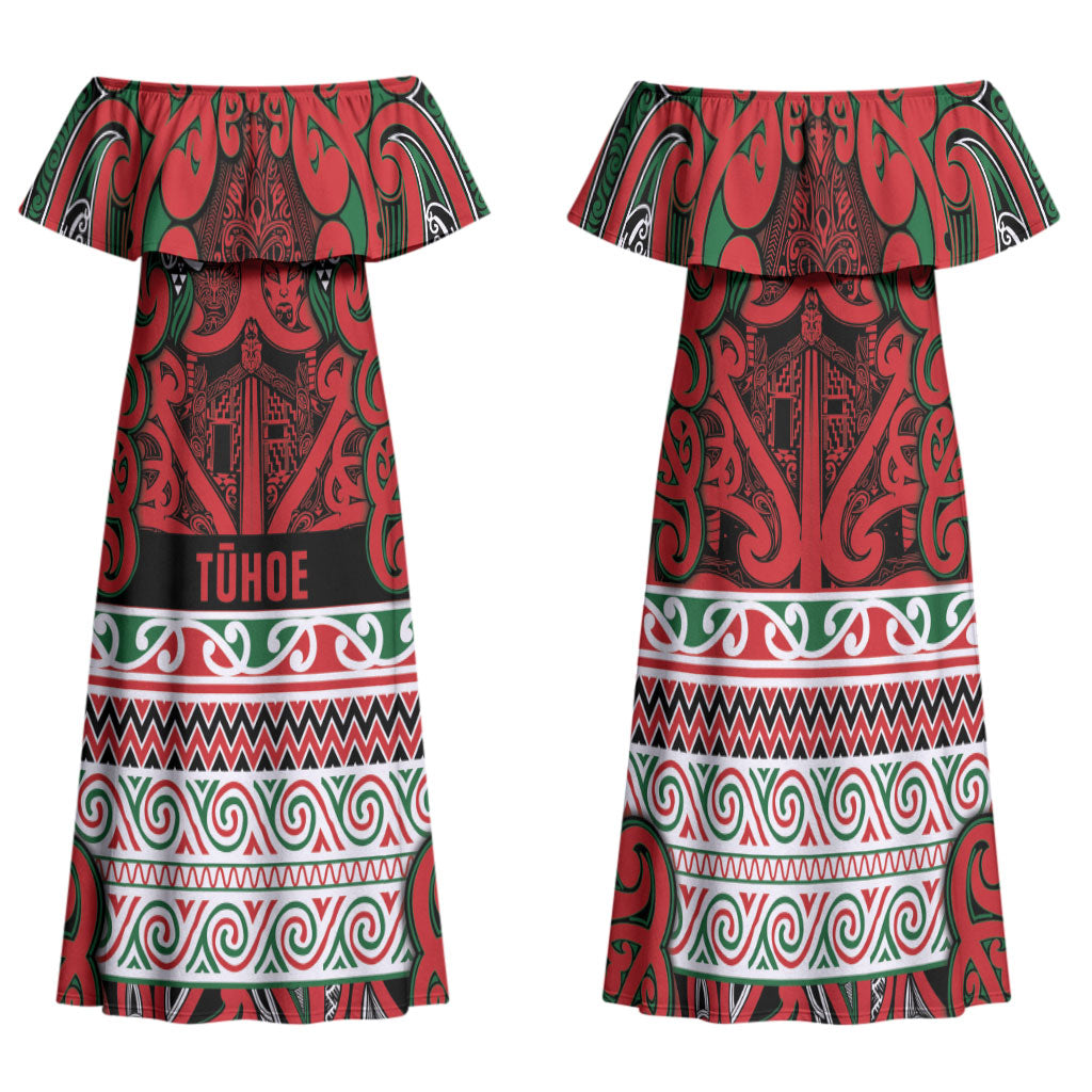 Aotearoa Iwi Tuhoe Family Matching Off Shoulder Maxi Dress and Hawaiian Shirt Maori Wharenui House Tribal Pattern