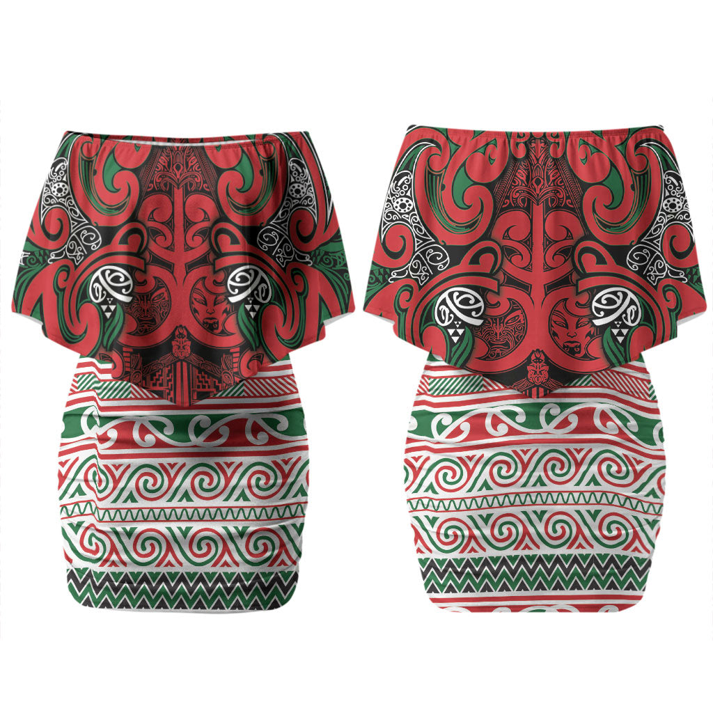 Aotearoa Iwi Tuhoe Family Matching Off Shoulder Short Dress and Hawaiian Shirt Maori Wharenui House Tribal Pattern