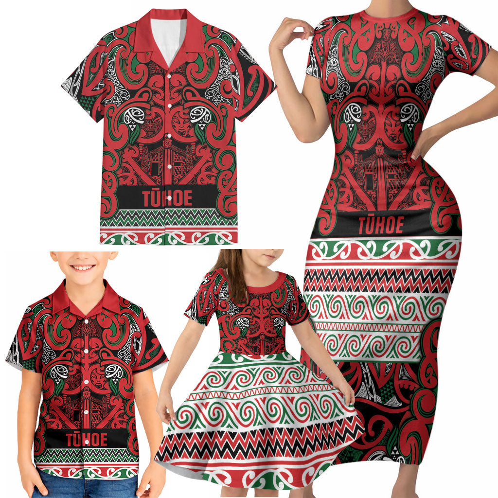 Aotearoa Iwi Tuhoe Family Matching Short Sleeve Bodycon Dress and Hawaiian Shirt Maori Wharenui House Tribal Pattern LT9 - Polynesian Pride