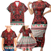 Aotearoa Iwi Tuhoe Family Matching Short Sleeve Bodycon Dress and Hawaiian Shirt Maori Wharenui House Tribal Pattern