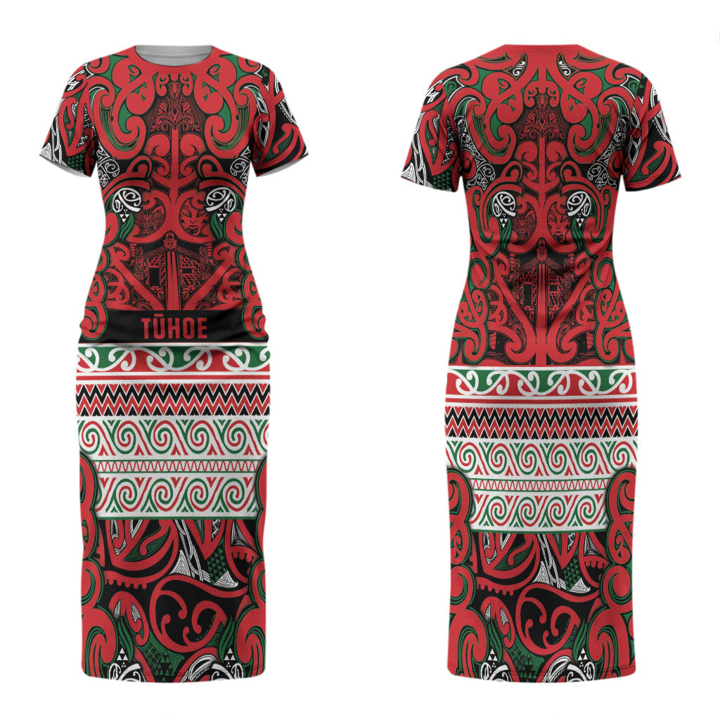 Aotearoa Iwi Tuhoe Family Matching Short Sleeve Bodycon Dress and Hawaiian Shirt Maori Wharenui House Tribal Pattern