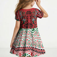 Aotearoa Iwi Tuhoe Kid Short Sleeve Dress Maori Wharenui House Tribal Pattern
