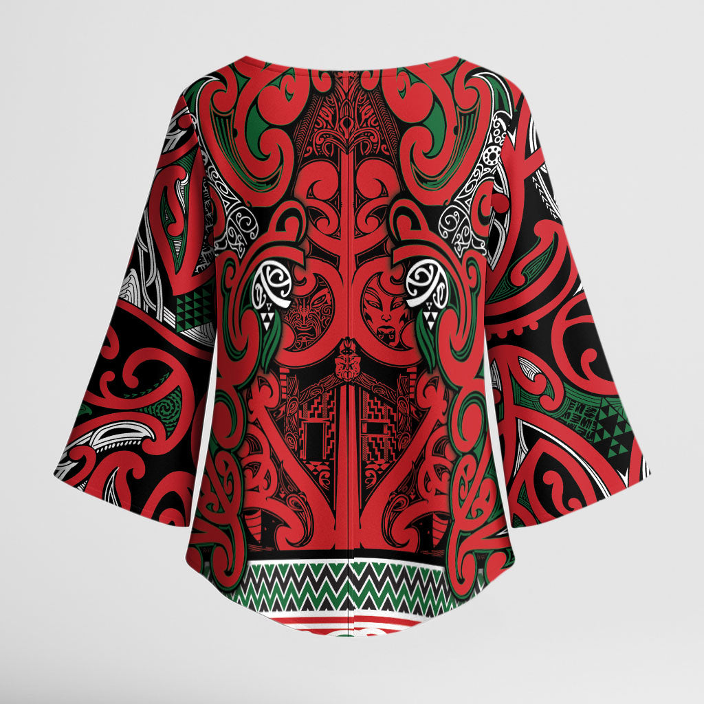 Aotearoa Iwi Tuhoe Kimono Sleeve Blouse Maori Wharenui House Tribal Pattern