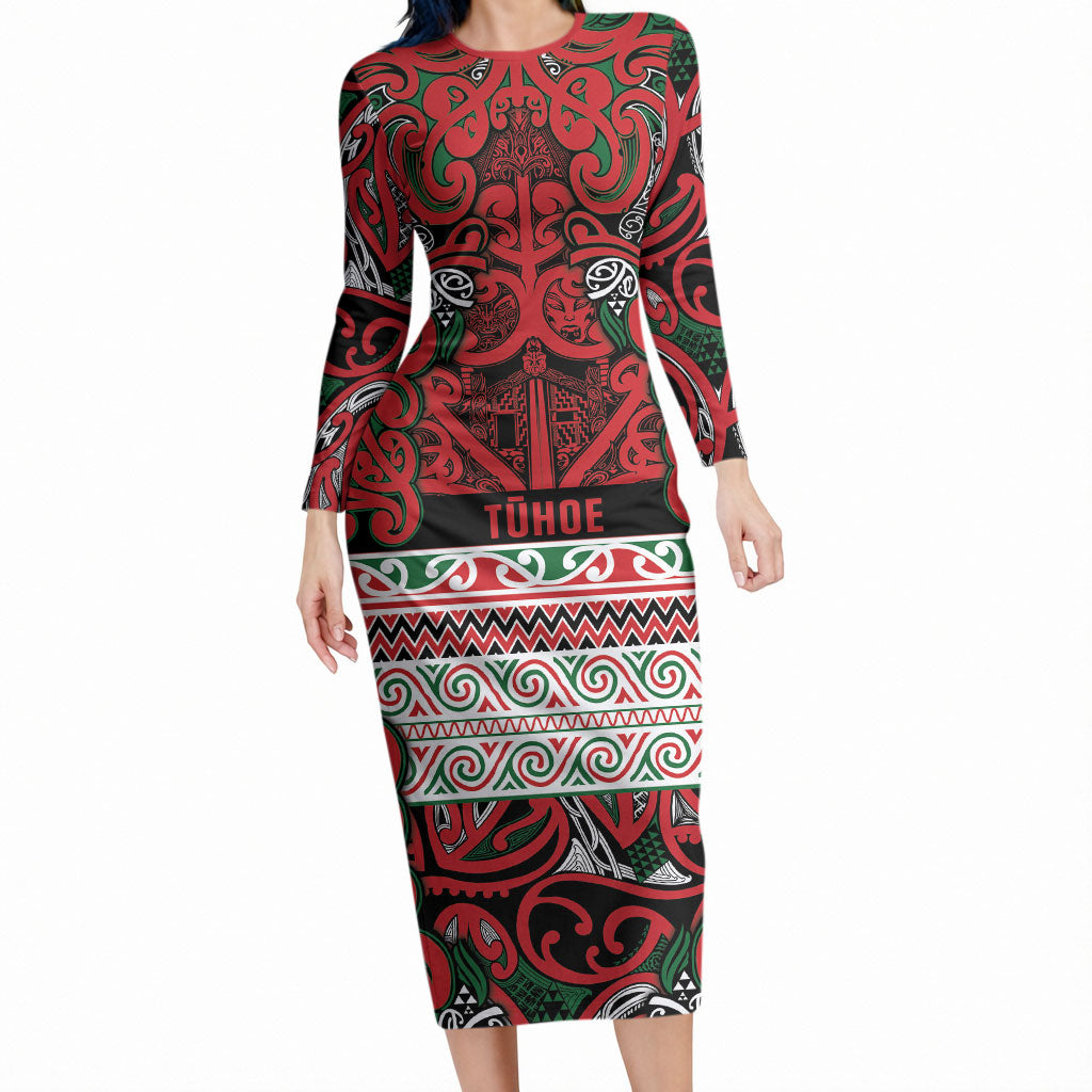 Aotearoa Iwi Tuhoe Long Sleeve Bodycon Dress Maori Wharenui House Tribal Pattern LT9 Long Dress Green Red - Polynesian Pride