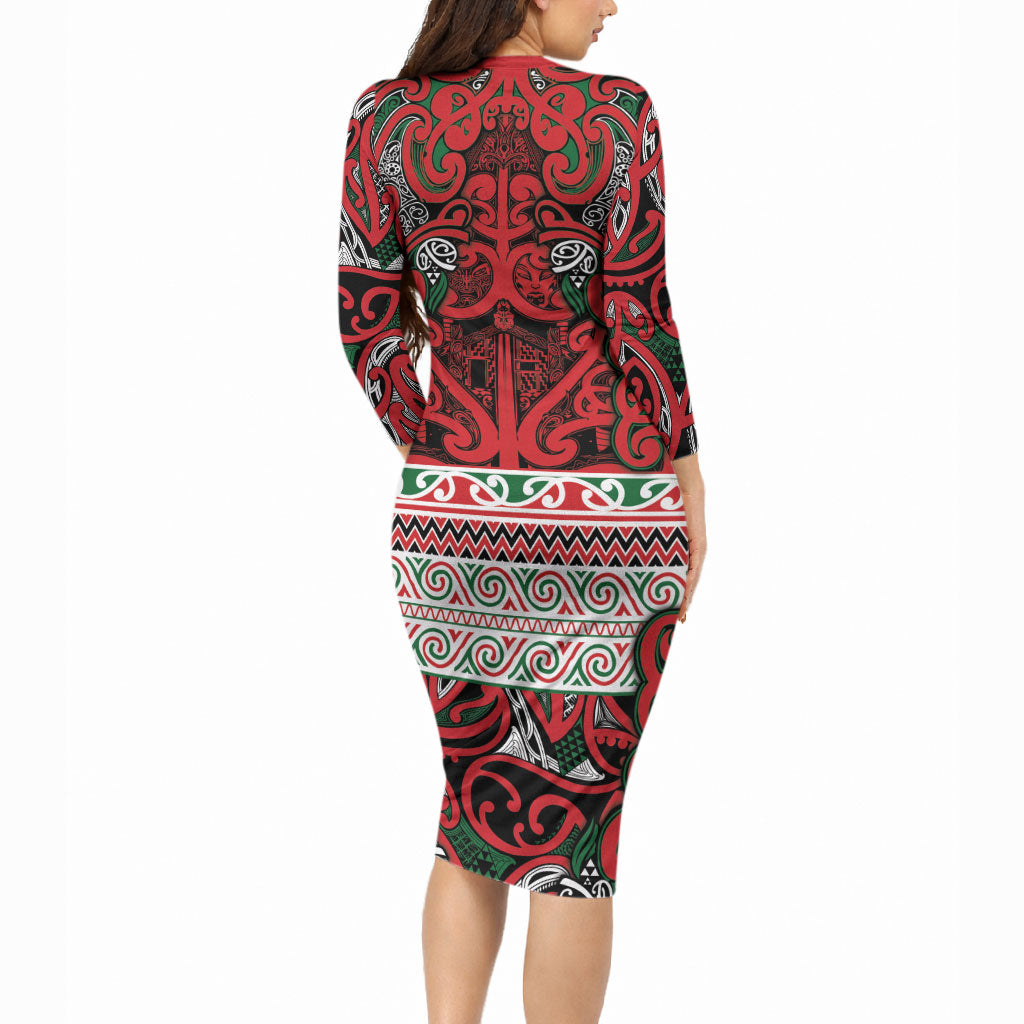 Aotearoa Iwi Tuhoe Long Sleeve Bodycon Dress Maori Wharenui House Tribal Pattern