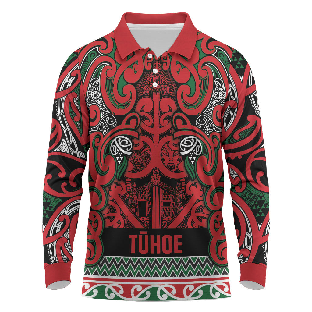 Aotearoa Iwi Tuhoe Long Sleeve Polo Shirt Maori Wharenui House Tribal Pattern LT9 Green Red - Polynesian Pride