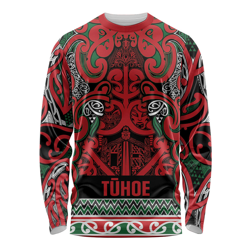 Aotearoa Iwi Tuhoe Long Sleeve Shirt Maori Wharenui House Tribal Pattern LT9 Unisex Green Red - Polynesian Pride
