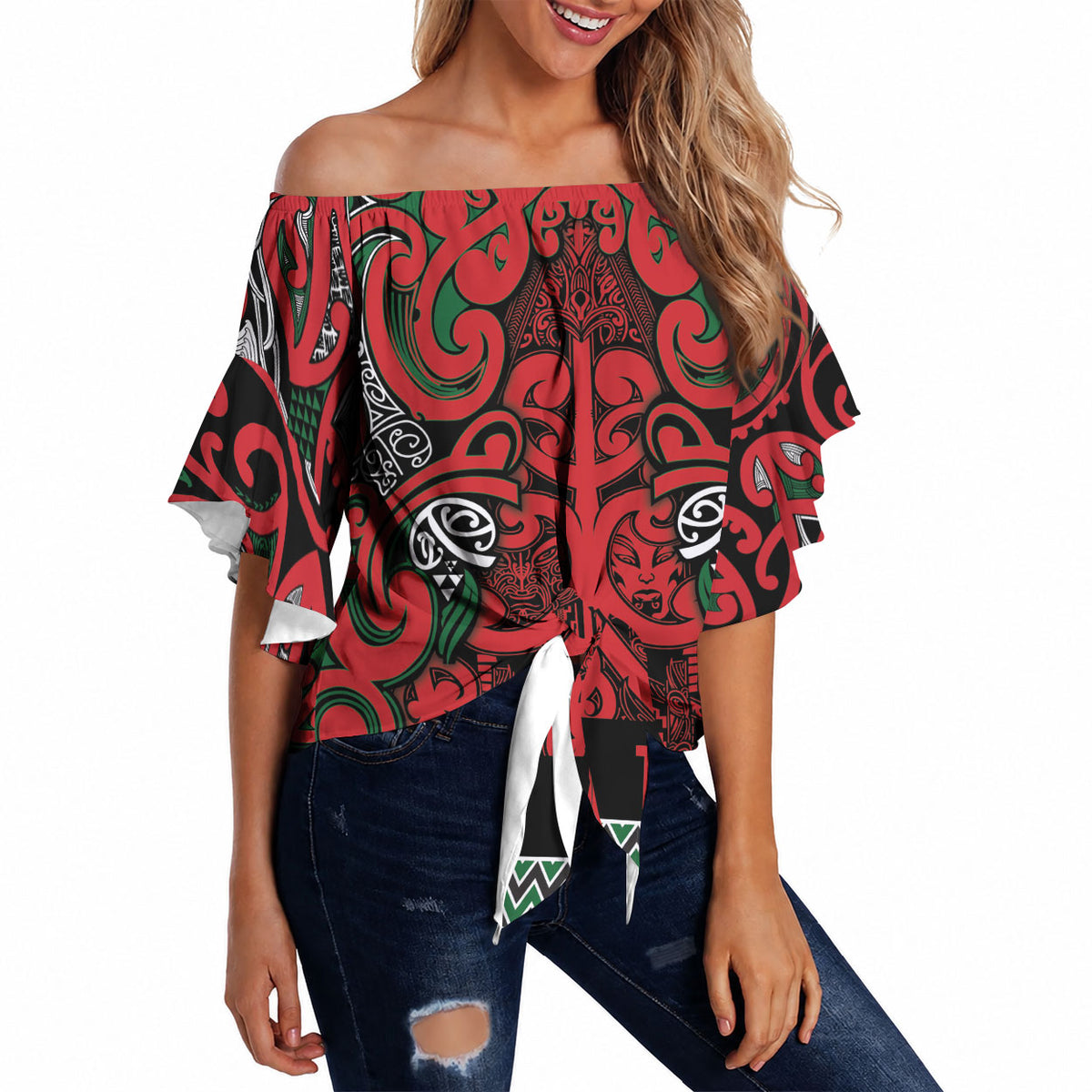 Aotearoa Iwi Tuhoe Off Shoulder Wrap Waist Top Maori Wharenui House Tribal Pattern