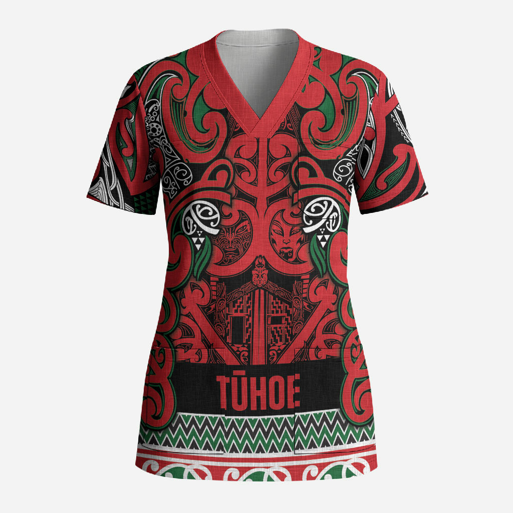 Aotearoa Iwi Tuhoe Scrub Top Maori Wharenui House Tribal Pattern LT9 Adult Green Red - Polynesian Pride