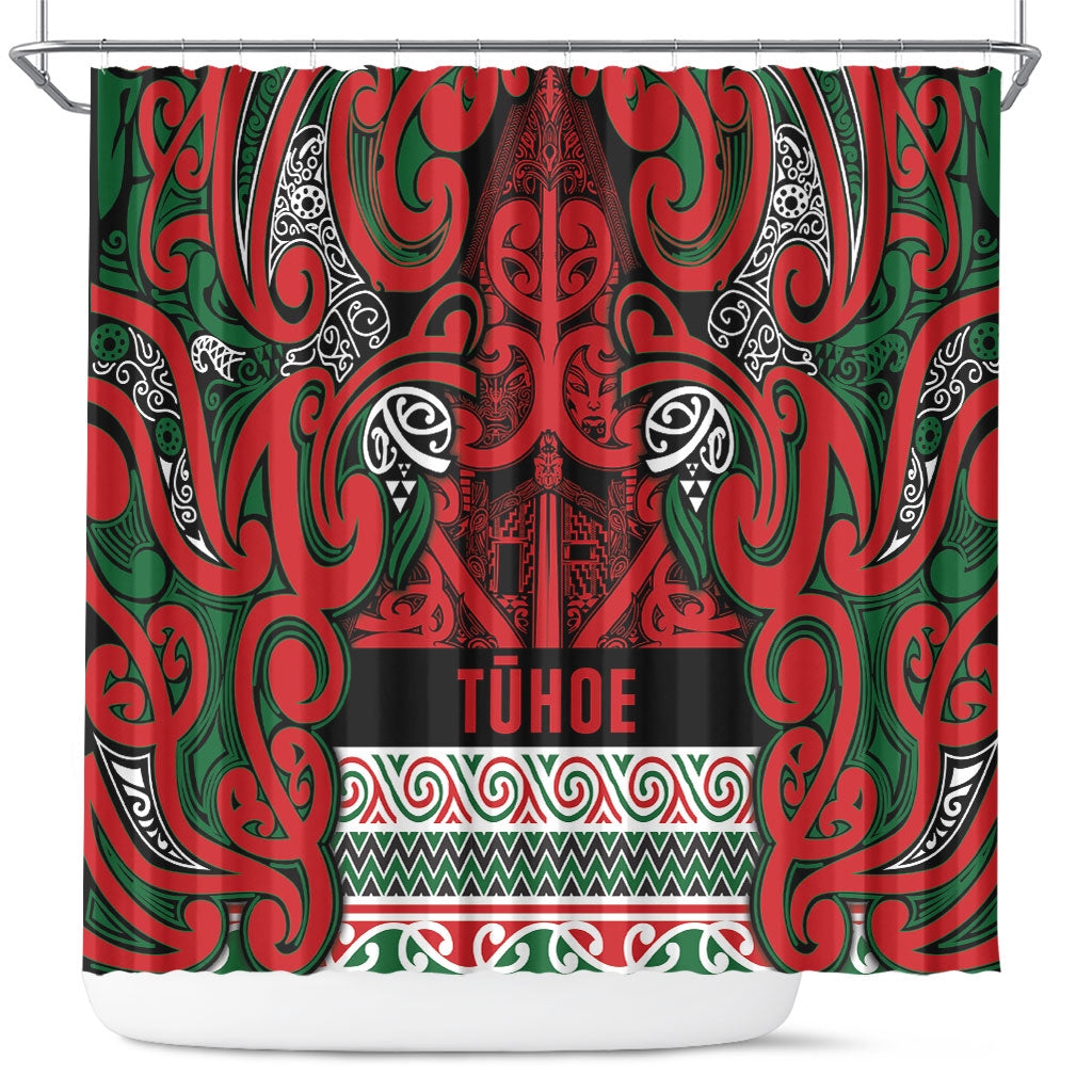 Aotearoa Iwi Tuhoe Shower Curtain Maori Wharenui House Tribal Pattern LT9 Green Red - Polynesian Pride