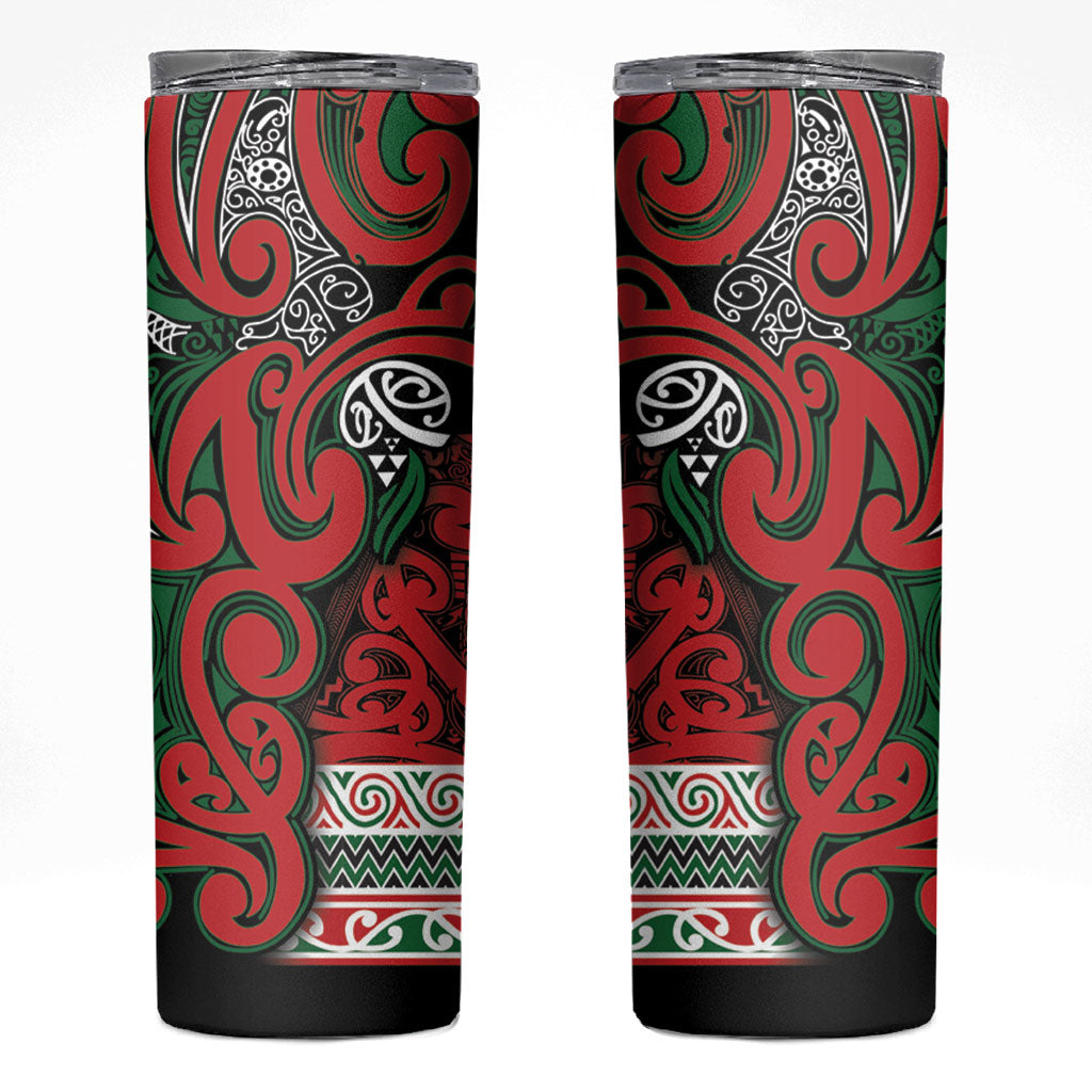 Aotearoa Iwi Tuhoe Skinny Tumbler Maori Wharenui House Tribal Pattern LT9 Green Red - Polynesian Pride