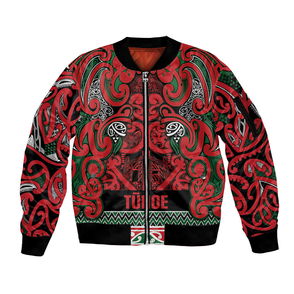 Aotearoa Iwi Tuhoe Sleeve Zip Bomber Jacket Maori Wharenui House Tribal Pattern LT9 Unisex Green Red - Polynesian Pride