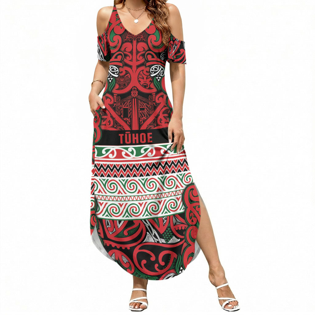 Aotearoa Iwi Tuhoe Summer Maxi Dress Maori Wharenui House Tribal Pattern LT9 Women Green Red - Polynesian Pride