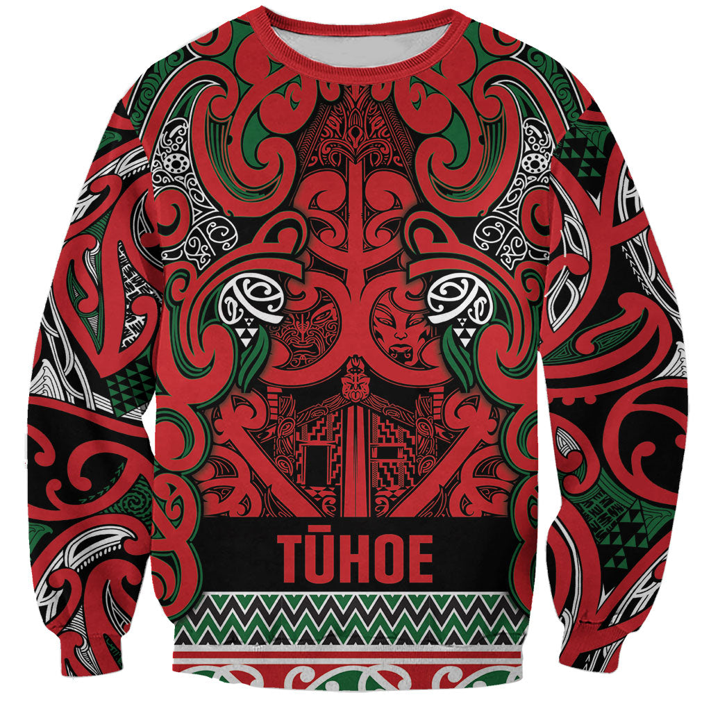 Aotearoa Iwi Tuhoe Sweatshirt Maori Wharenui House Tribal Pattern LT9 Unisex Green Red - Polynesian Pride