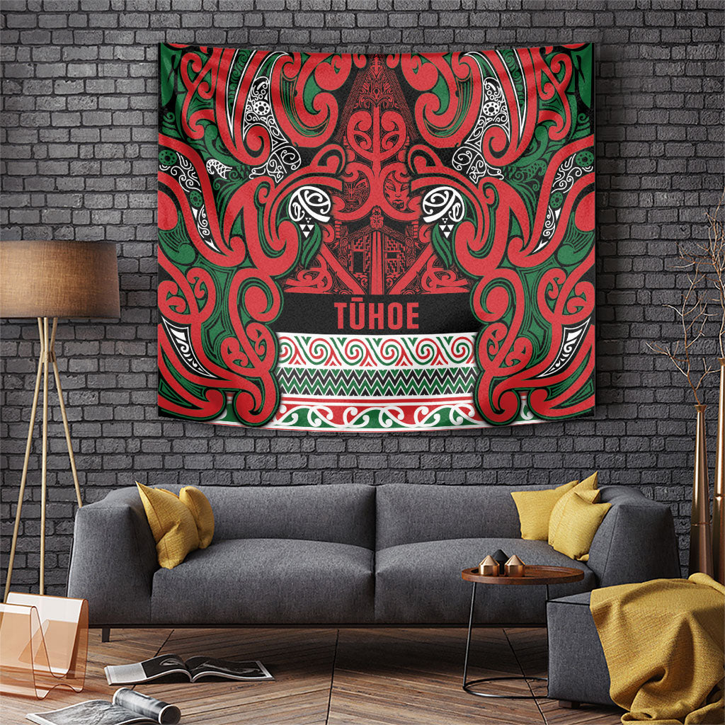 Aotearoa Iwi Tuhoe Tapestry Maori Wharenui House Tribal Pattern LT9 Green Red - Polynesian Pride