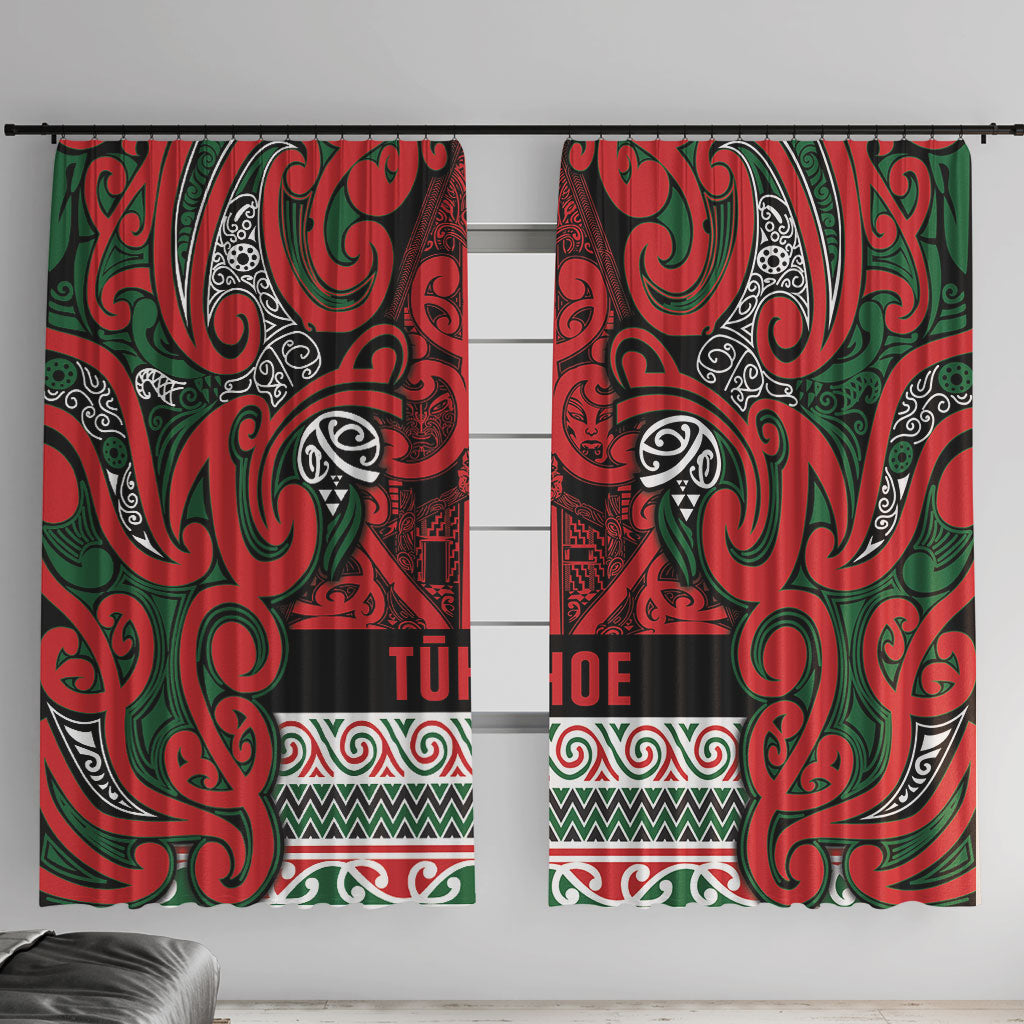 Aotearoa Iwi Tuhoe Window Curtain Maori Wharenui House Tribal Pattern LT9 With Hooks Green Red - Polynesian Pride