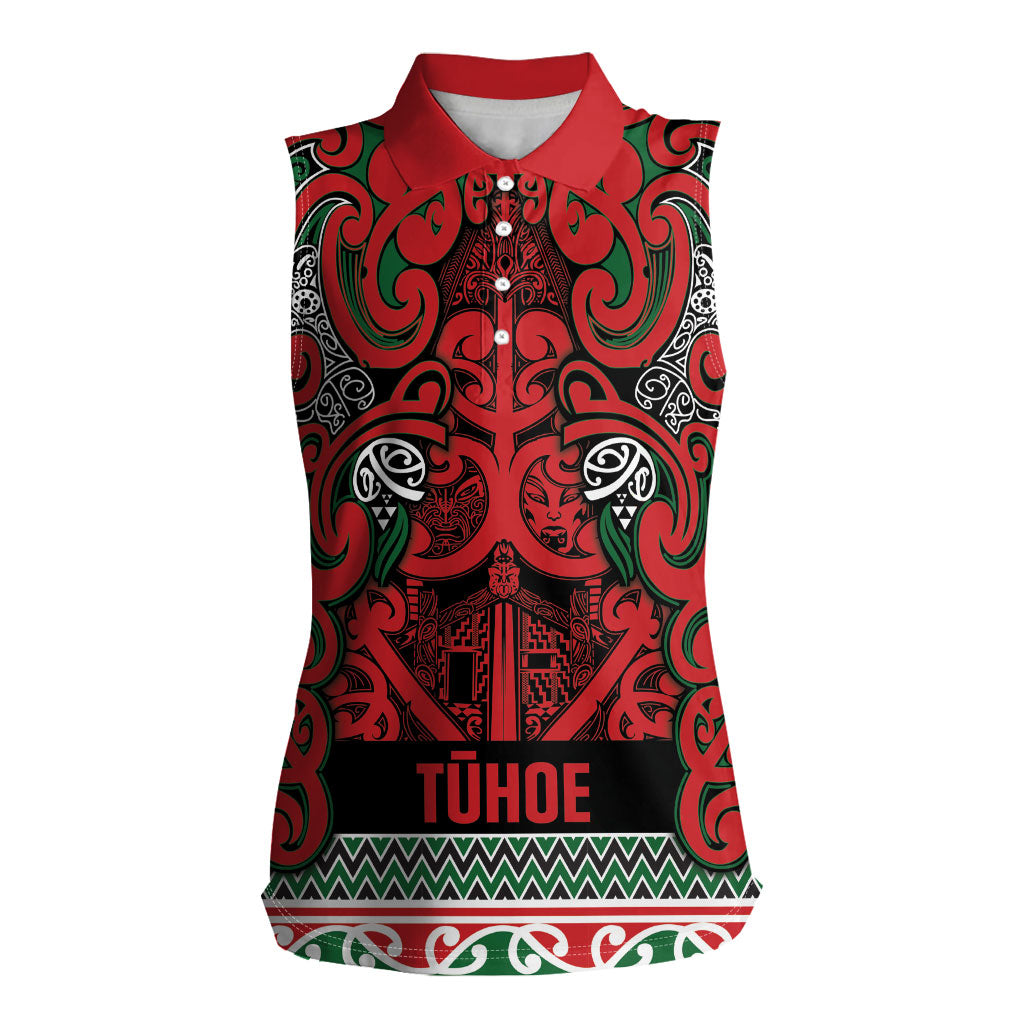 Aotearoa Iwi Tuhoe Women Sleeveless Polo Shirt Maori Wharenui House Tribal Pattern LT9 Female Green Red - Polynesian Pride