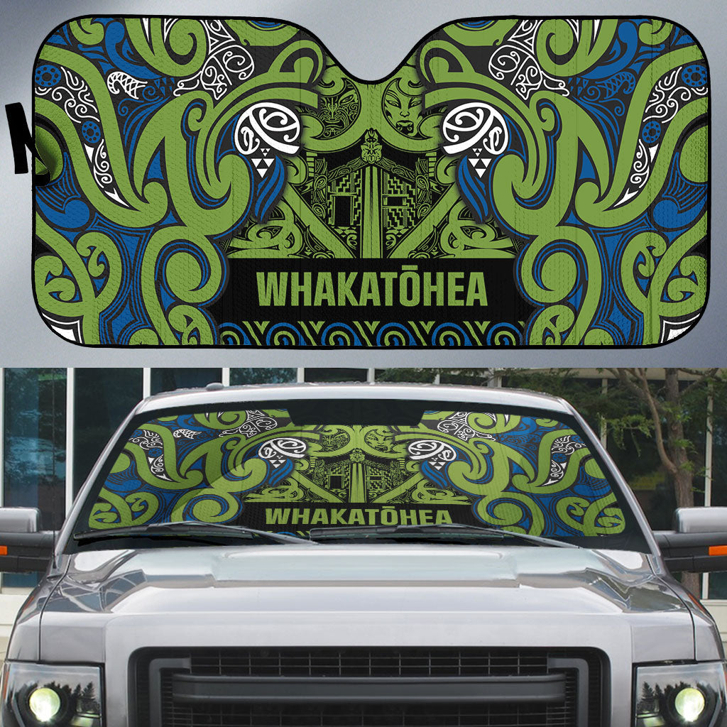 Aotearoa Iwi Whakatohea Auto Sun Shade Maori Wharenui House Tribal Pattern LT9 Olive green - Polynesian Pride