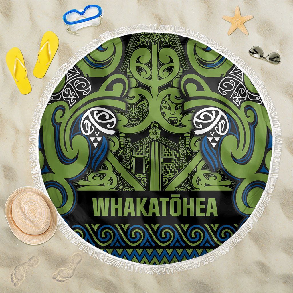 Aotearoa Iwi Whakatohea Beach Blanket Maori Wharenui House Tribal Pattern LT9 One Size 150cm Olive green - Polynesian Pride