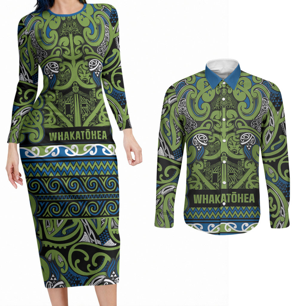 Aotearoa Iwi Whakatohea Couples Matching Long Sleeve Bodycon Dress and Long Sleeve Button Shirt Maori Wharenui House Tribal Pattern