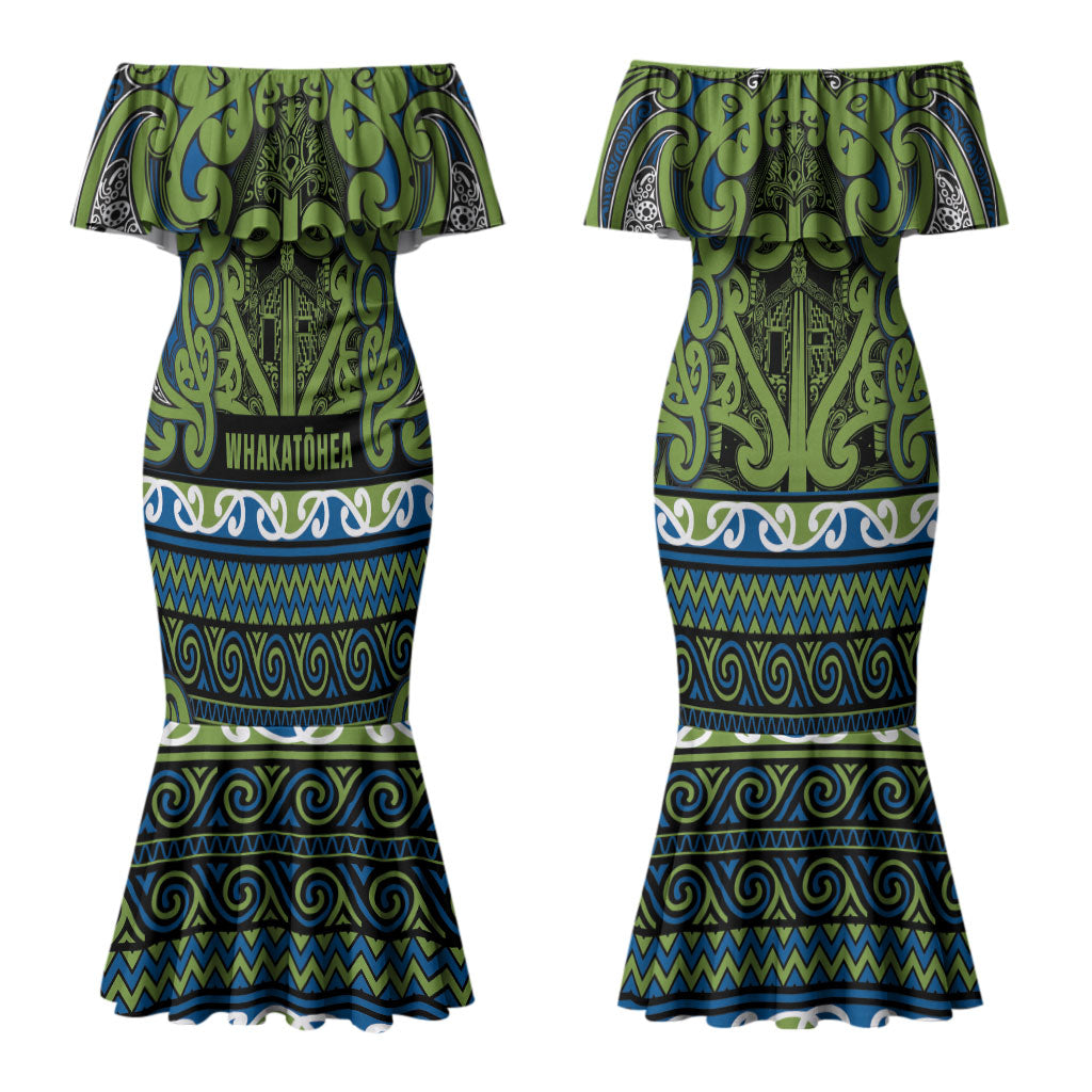 Aotearoa Iwi Whakatohea Couples Matching Mermaid Dress and Long Sleeve Button Shirt Maori Wharenui House Tribal Pattern