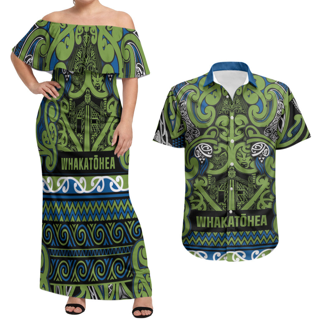 Aotearoa Iwi Whakatohea Couples Matching Off Shoulder Maxi Dress and Hawaiian Shirt Maori Wharenui House Tribal Pattern