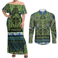 Aotearoa Iwi Whakatohea Couples Matching Off Shoulder Maxi Dress and Long Sleeve Button Shirt Maori Wharenui House Tribal Pattern