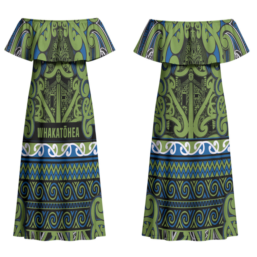 Aotearoa Iwi Whakatohea Couples Matching Off Shoulder Maxi Dress and Long Sleeve Button Shirt Maori Wharenui House Tribal Pattern