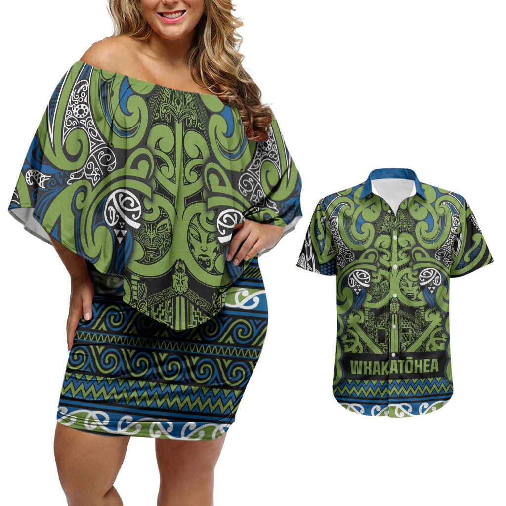 Aotearoa Iwi Whakatohea Couples Matching Off Shoulder Short Dress and Hawaiian Shirt Maori Wharenui House Tribal Pattern LT9 Olive green - Polynesian Pride