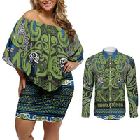 Aotearoa Iwi Whakatohea Couples Matching Off Shoulder Short Dress and Long Sleeve Button Shirt Maori Wharenui House Tribal Pattern