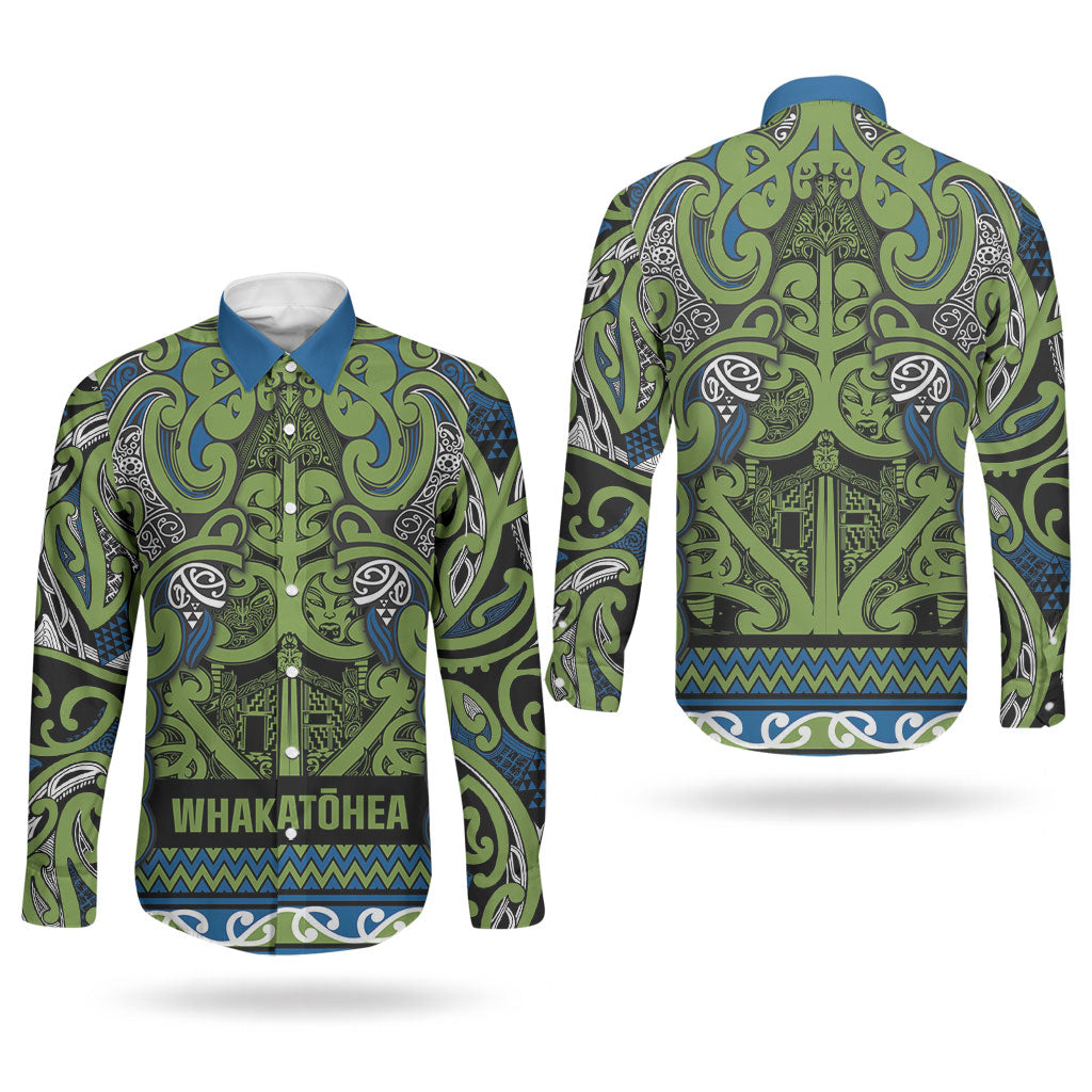 Aotearoa Iwi Whakatohea Couples Matching Off Shoulder Short Dress and Long Sleeve Button Shirt Maori Wharenui House Tribal Pattern