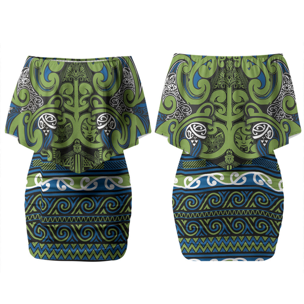 Aotearoa Iwi Whakatohea Couples Matching Off Shoulder Short Dress and Long Sleeve Button Shirt Maori Wharenui House Tribal Pattern