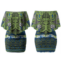 Aotearoa Iwi Whakatohea Couples Matching Off Shoulder Short Dress and Long Sleeve Button Shirt Maori Wharenui House Tribal Pattern