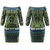 Aotearoa Iwi Whakatohea Couples Matching Off The Shoulder Long Sleeve Dress and Long Sleeve Button Shirt Maori Wharenui House Tribal Pattern