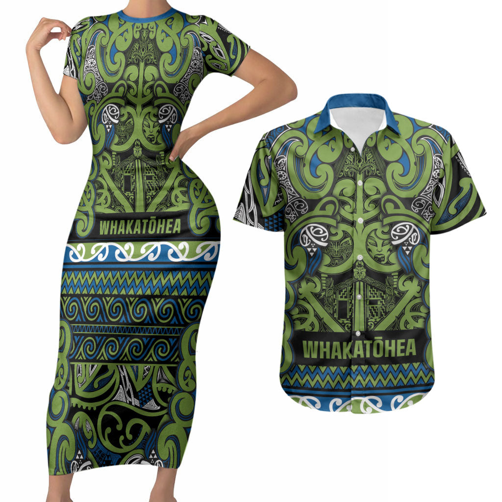 Aotearoa Iwi Whakatohea Couples Matching Short Sleeve Bodycon Dress and Hawaiian Shirt Maori Wharenui House Tribal Pattern LT9 Olive green - Polynesian Pride