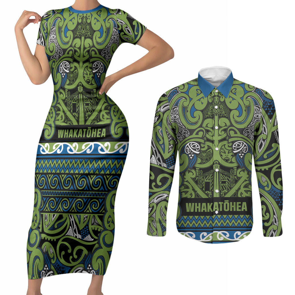 Aotearoa Iwi Whakatohea Couples Matching Short Sleeve Bodycon Dress and Long Sleeve Button Shirt Maori Wharenui House Tribal Pattern LT9 Olive green - Polynesian Pride