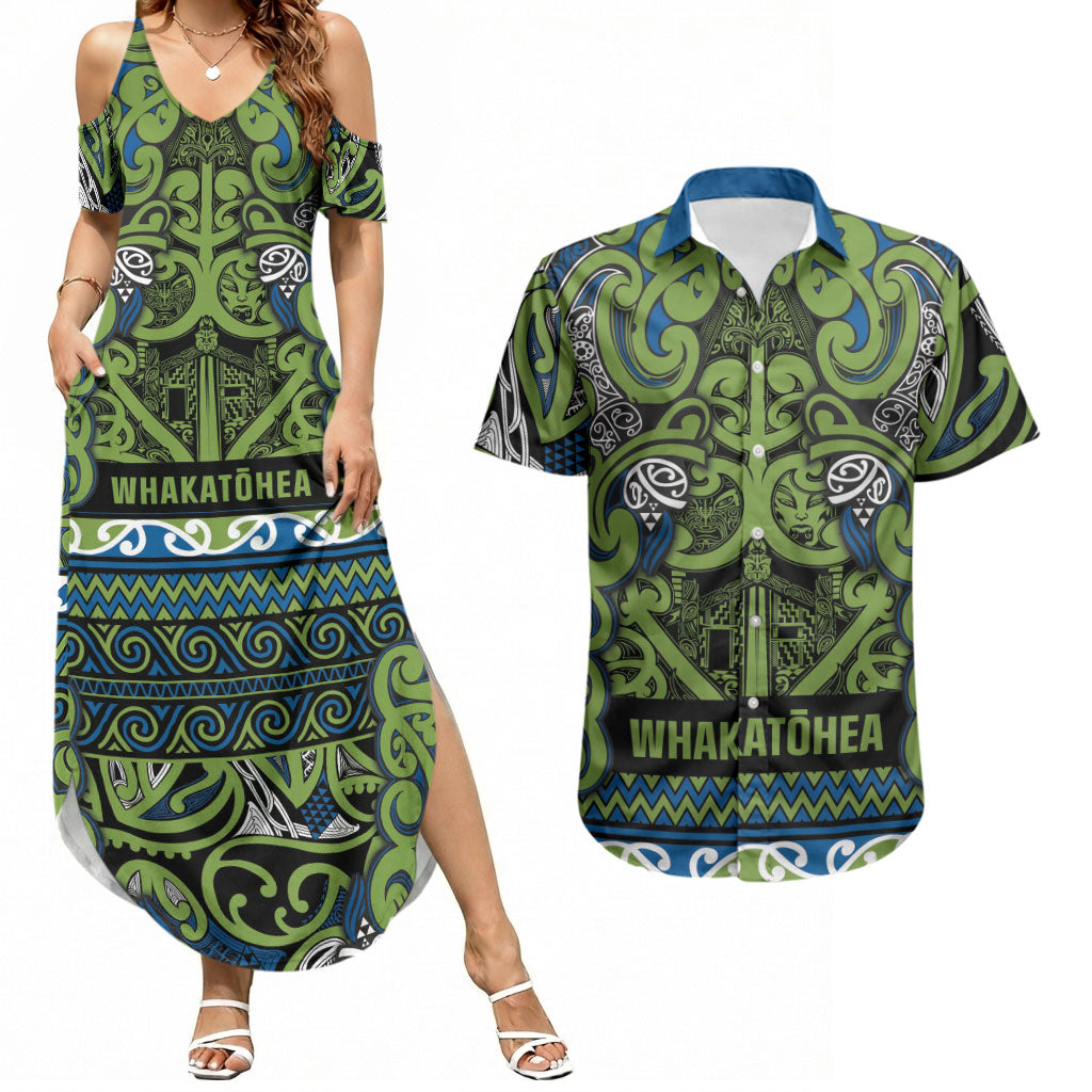 Aotearoa Iwi Whakatohea Couples Matching Summer Maxi Dress and Hawaiian Shirt Maori Wharenui House Tribal Pattern