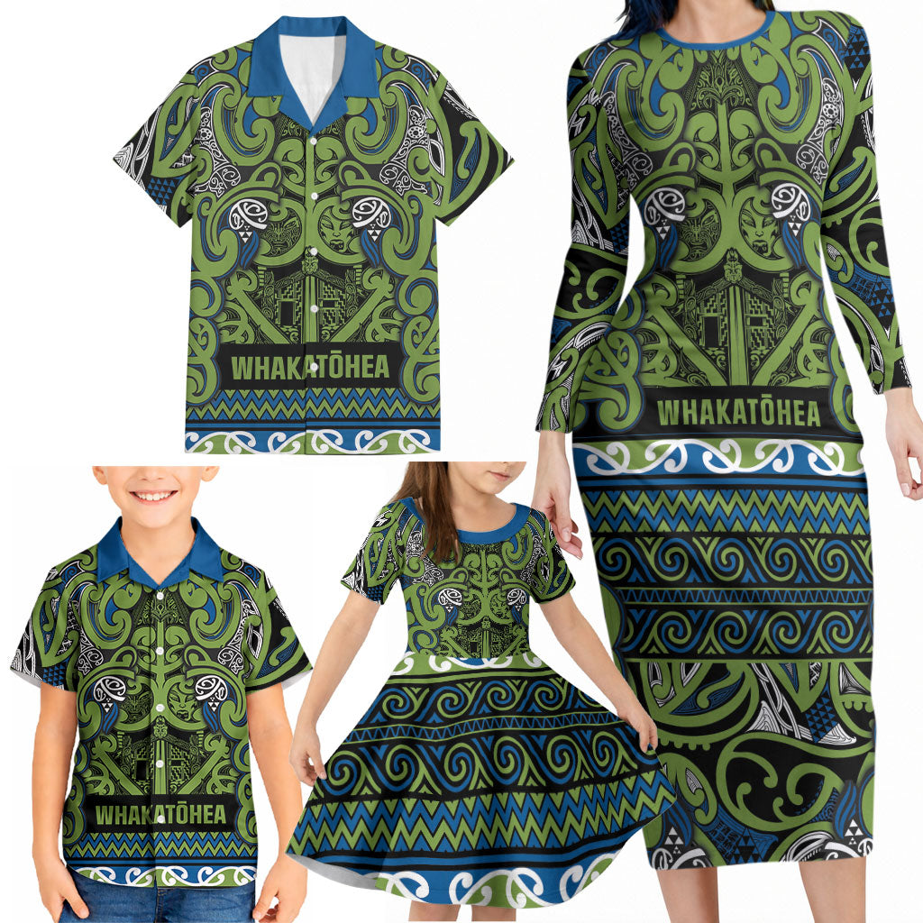 Aotearoa Iwi Whakatohea Family Matching Long Sleeve Bodycon Dress and Hawaiian Shirt Maori Wharenui House Tribal Pattern
