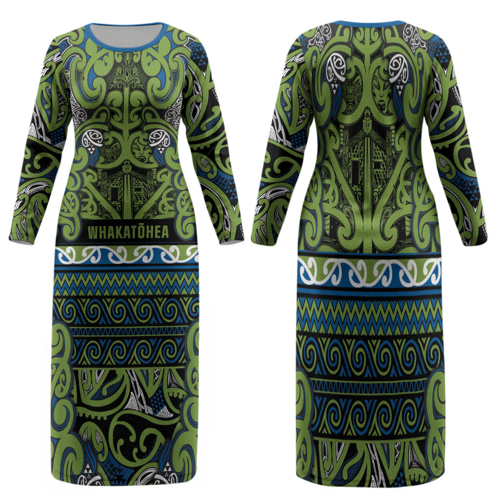 Aotearoa Iwi Whakatohea Family Matching Long Sleeve Bodycon Dress and Hawaiian Shirt Maori Wharenui House Tribal Pattern