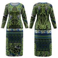 Aotearoa Iwi Whakatohea Family Matching Long Sleeve Bodycon Dress and Hawaiian Shirt Maori Wharenui House Tribal Pattern