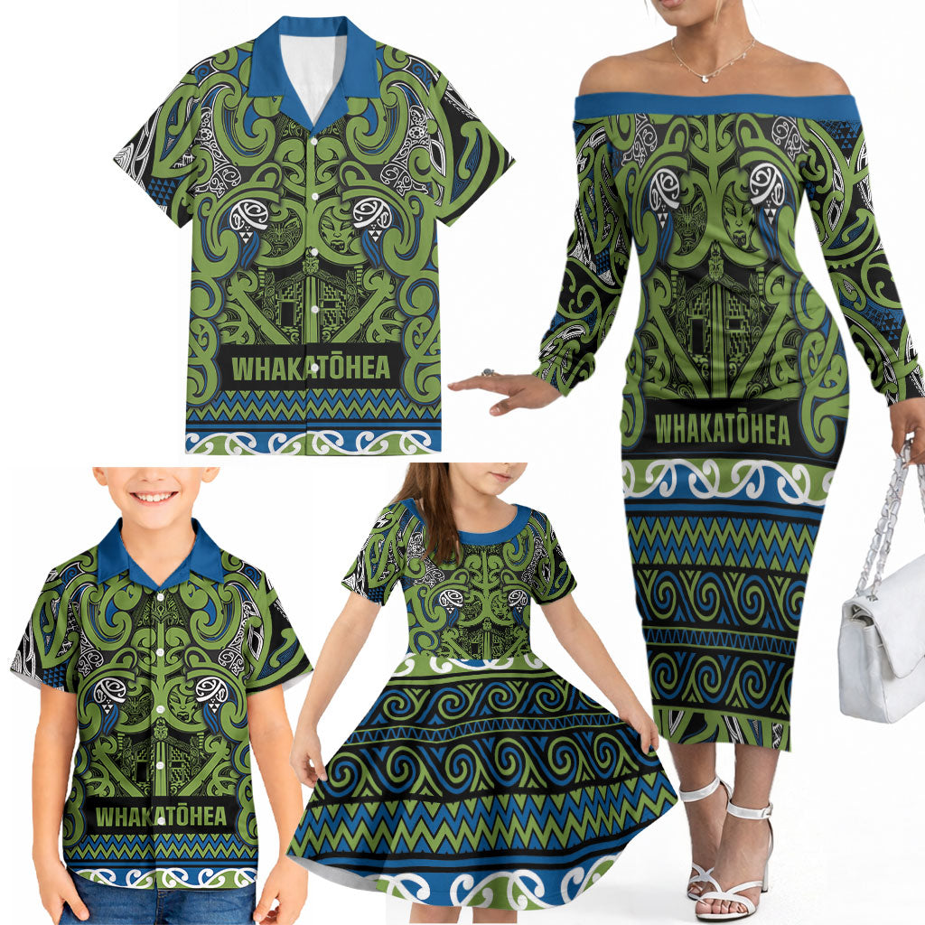 Aotearoa Iwi Whakatohea Family Matching Off The Shoulder Long Sleeve Dress and Hawaiian Shirt Maori Wharenui House Tribal Pattern LT9 - Polynesian Pride