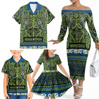 Aotearoa Iwi Whakatohea Family Matching Off The Shoulder Long Sleeve Dress and Hawaiian Shirt Maori Wharenui House Tribal Pattern