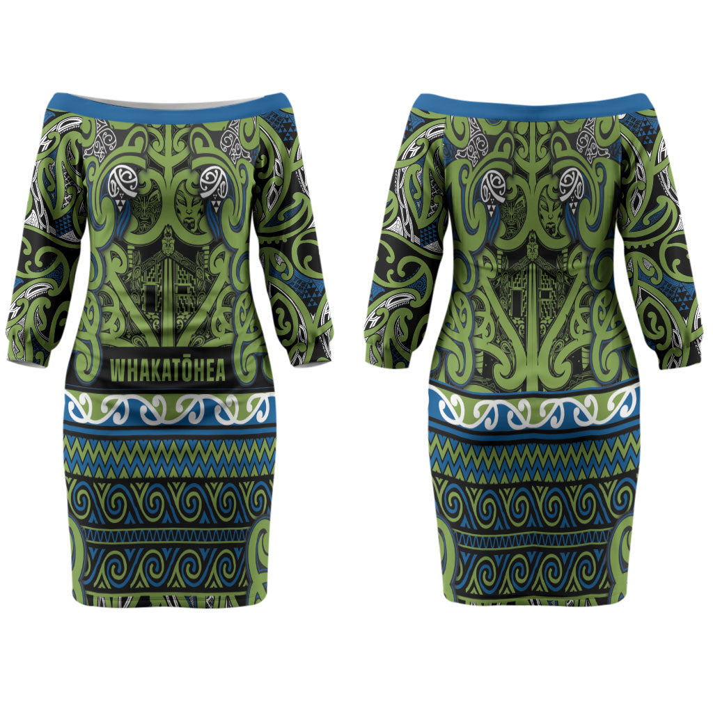 Aotearoa Iwi Whakatohea Family Matching Off The Shoulder Long Sleeve Dress and Hawaiian Shirt Maori Wharenui House Tribal Pattern