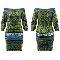 Aotearoa Iwi Whakatohea Family Matching Off The Shoulder Long Sleeve Dress and Hawaiian Shirt Maori Wharenui House Tribal Pattern