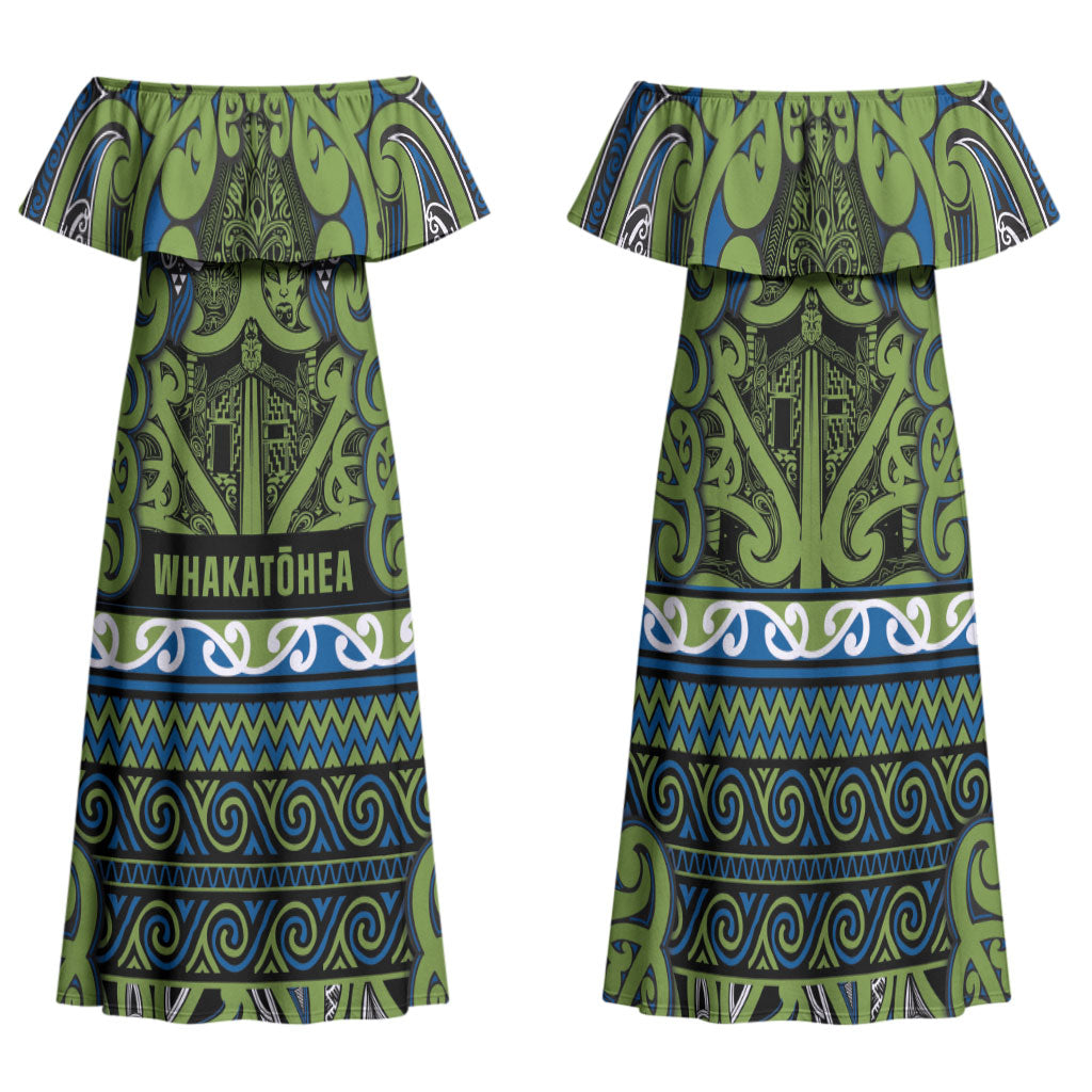 Aotearoa Iwi Whakatohea Family Matching Off Shoulder Maxi Dress and Hawaiian Shirt Maori Wharenui House Tribal Pattern