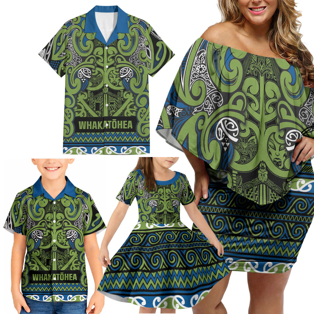 Aotearoa Iwi Whakatohea Family Matching Off Shoulder Short Dress and Hawaiian Shirt Maori Wharenui House Tribal Pattern LT9 - Polynesian Pride